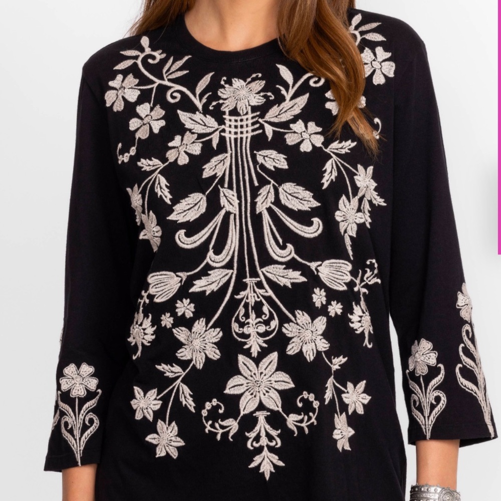 Johnny was black floral embroidered top